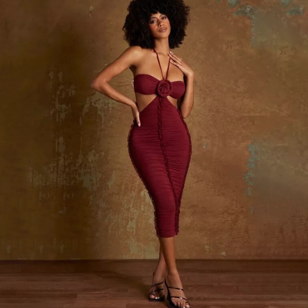 OH POLLY Rose Bow-Detail Ruched Cutout Dress in Red Wine
